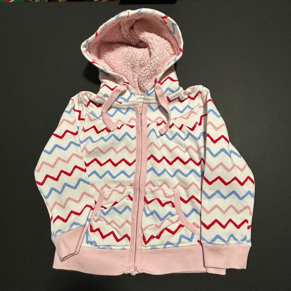 Pumpkin Patch Kids Girls Zip Up Hoodie Size 5 Pink Chevron Sherpa Lined